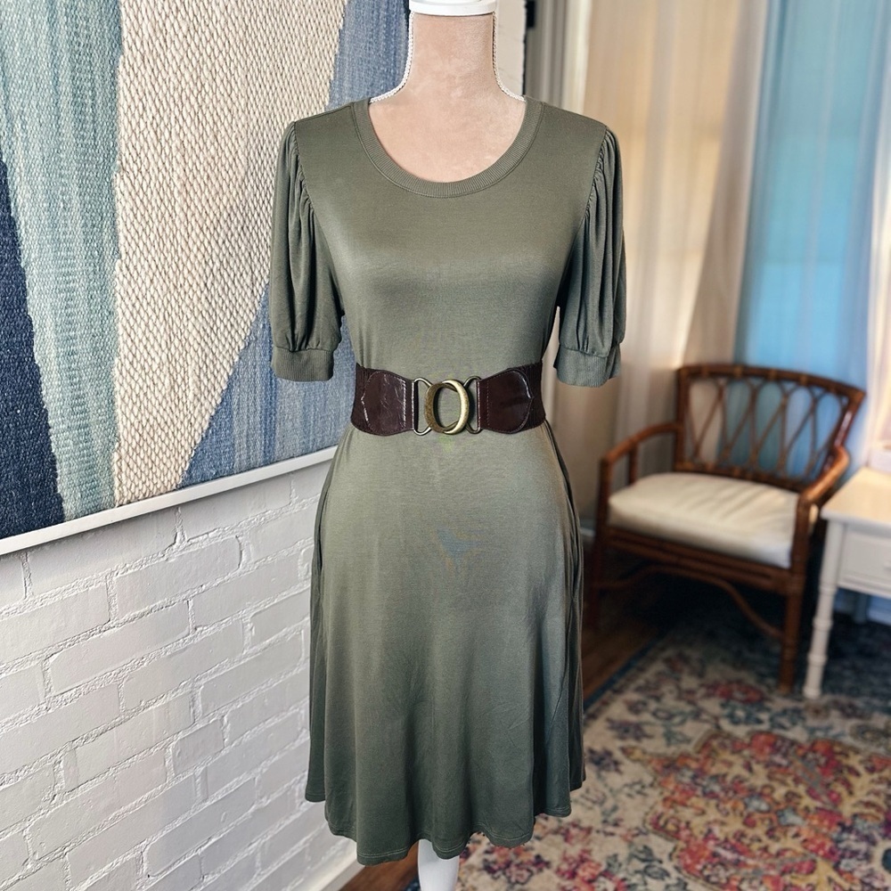 Loft Outlet Olive Green Soft Knit Puff Sleeve Dress